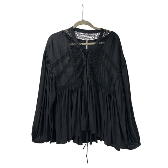 Free People Womens Blouse Medium Black Peasant Boho Top Crochet Lace Up Tunic - Picture 6 of 15